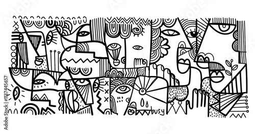 abstract hand drawing face portrait geometric decorative doodle outlines vector illustration. Line art black and white aesthetic design for wall art, prints, cards, decoration, banner and background.