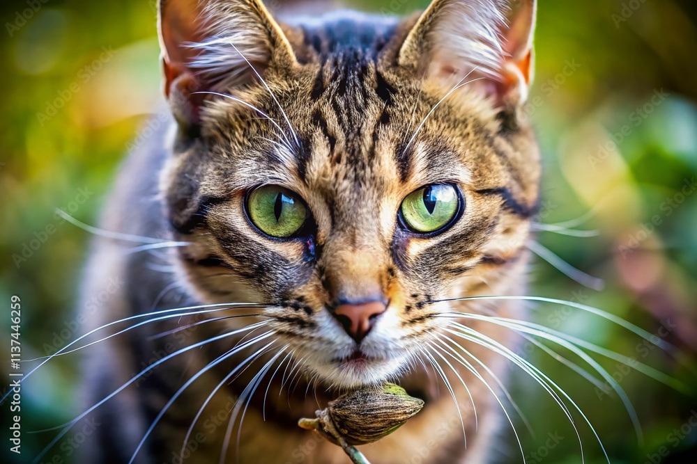 Close-Up of a Cat Carrying a Caught Mouse in Its Teeth, Showcasing the Intricate Details of Fur and the Mouse's Features with a High Depth of Field Background Close-Up of a Cat Carrying a Caught Mouse in Its Teeth, Showcasing the Intricate Details of Fur and the Mouse's Features with a High Depth of Field Background