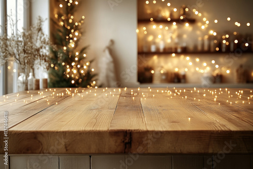 Empty wooden table with blurred Christmas kitchen background.