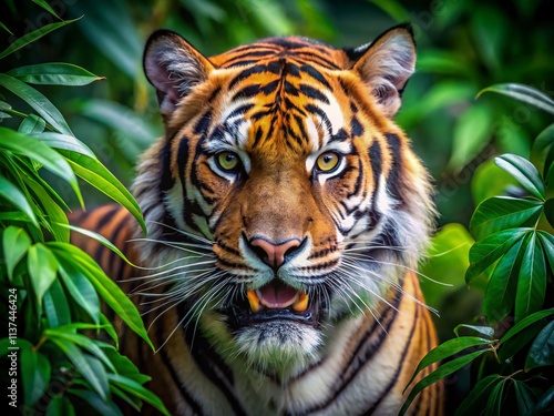 Close-Up of an Angry Tiger in the Lush Jungle, Showcasing the Intensity of Its Gaze and the Vibrant Greenery Surrounding It, Perfect for Wildlife Enthusiasts and Nature Lovers