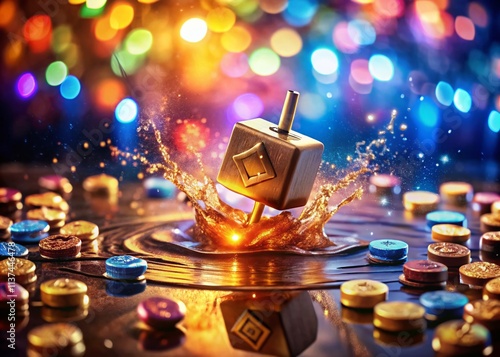 Close-Up of a Spinning Dreidel with Scattered Chocolate Gelt for a Playful and Traditional Hanukkah Celebration photo