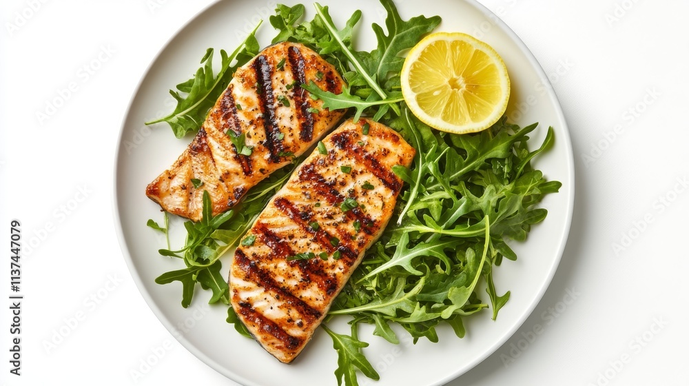 Grilled salmon served with arugula and lemon on a plate Grilled salmon served with arugula and lemon on a plate