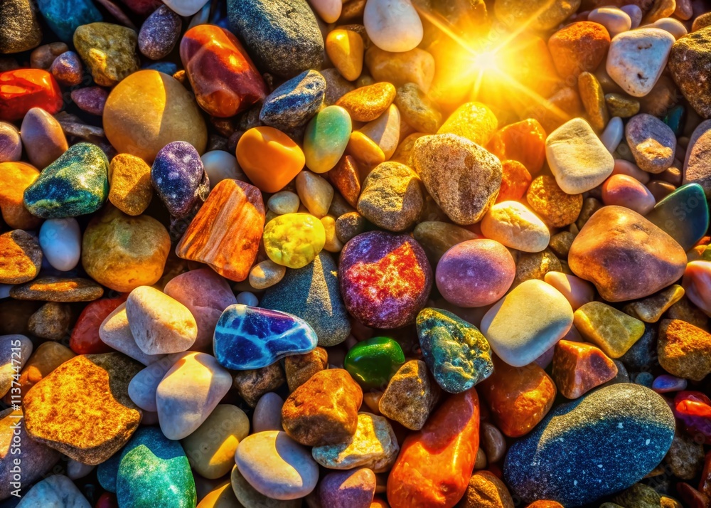 Close-Up Top View of Textured Stones Lying on Ground Illuminated by Sunlight, Showcasing Nature's Beauty and Richness in Natural Light Close-Up Top View of Textured Stones Lying on Ground Illuminated by Sunlight, Showcasing Nature's Beauty and Richness in Natural Light