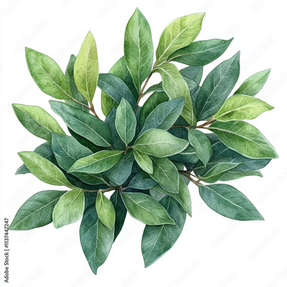 Bay Laurel View from Top Watercolor Illustration on White Background Generative AI