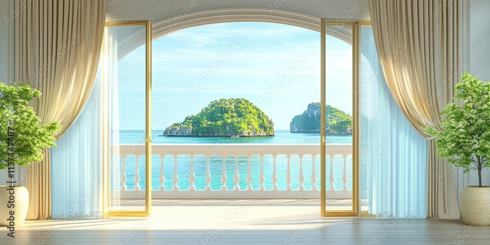 Fototapeta premium light blue and gold luxury open window with elegant curtain, beige wooden balcony, beautiful green island with clear water 