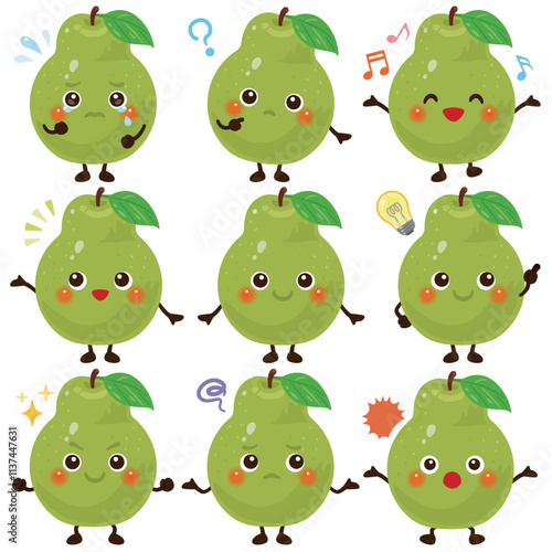 緑色の洋梨のキャラクター　表情セット