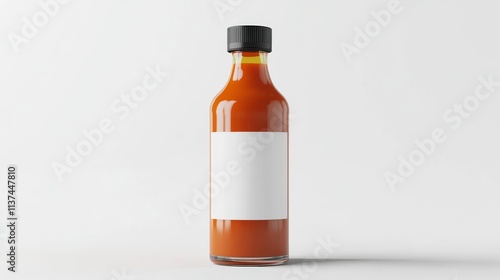 Hot sauce bottle stands on white background, minimalist mockup.