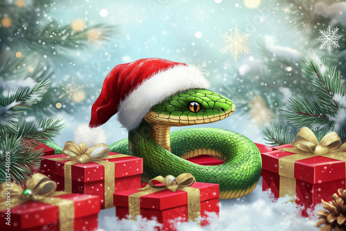 Wallpaper Mural Festive Green Snake in Santa Hat with Christmas Background Torontodigital.ca
