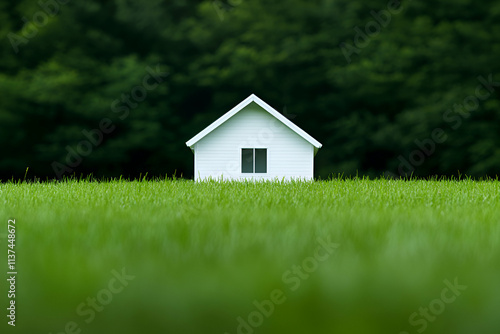 Wallpaper Mural A minimalist white house stands alone in a lush green field against a forest backdrop. Torontodigital.ca