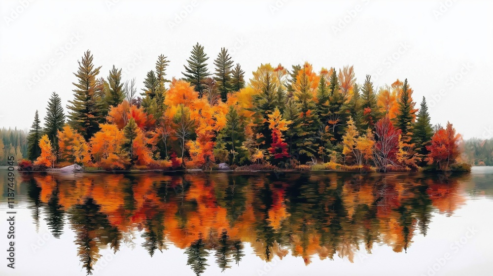 Obraz premium Lake surrounded by trees with autumn colors on a white background