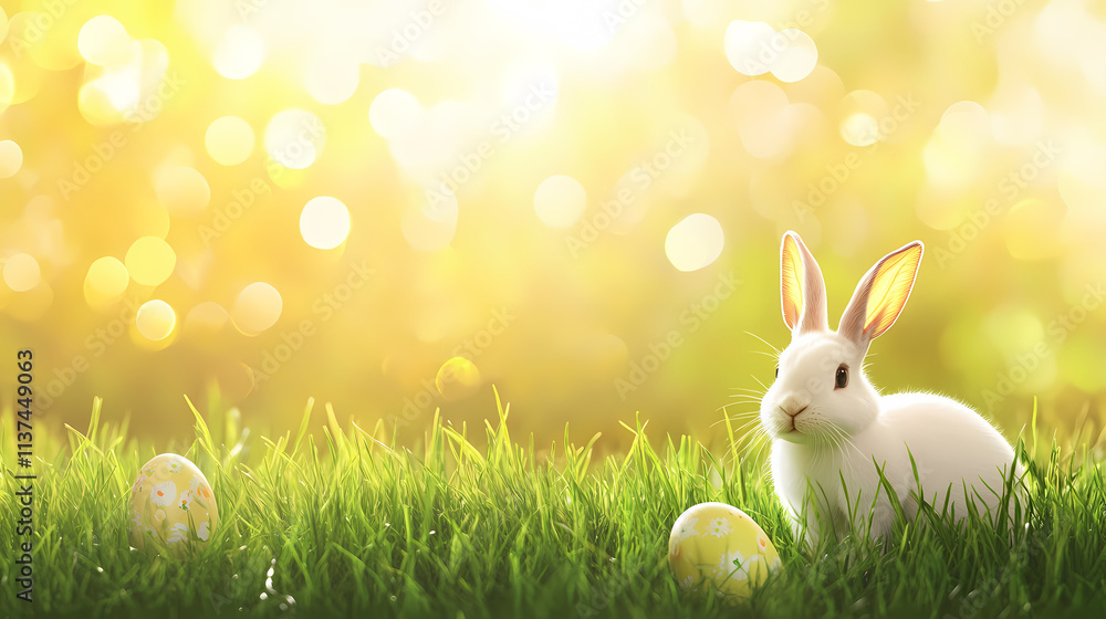 Fototapeta premium Adorable white rabbit on sunny meadow