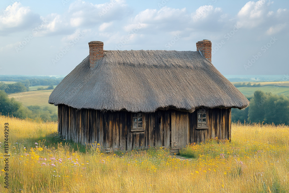 Old wooden hut with thatched roof in a field. Old wooden hut with thatched roof in a field.