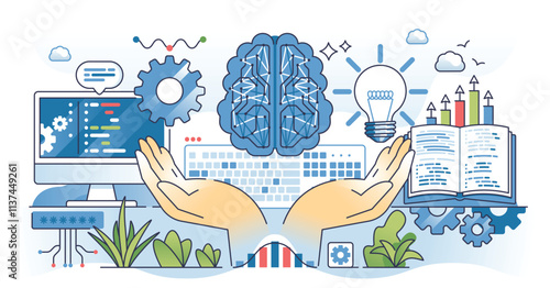 AI for beginners concept shows hands holding digital brain, computer, and light bulb. Outline hands concept