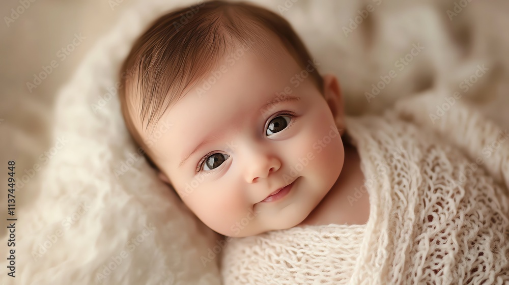 A baby with big brown eyes looks directly at the camera, wrapped in a white blanket. A baby with big brown eyes looks directly at the camera, wrapped in a white blanket.
