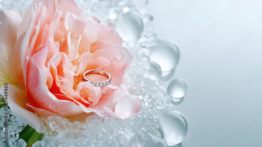 Fototapeta premium Promise ring rose concept. A rose with a ring, surrounded by droplets of water.