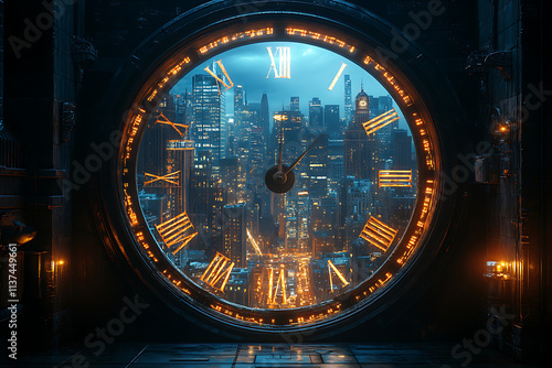 A large clock face overlooking a vibrant cityscape at night, illuminated with a blue hue. photo