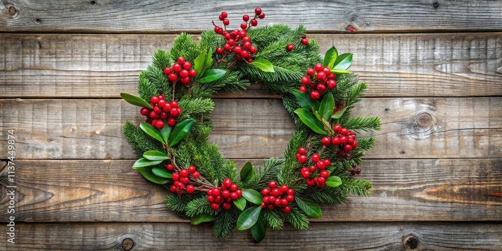 Holiday Wreath with Red Berries and Green Foliage on Rustic Wooden Background, Perfect for Seasonal Decor and Festive Celebrations Holiday Wreath with Red Berries and Green Foliage on Rustic Wooden Background, Perfect for Seasonal Decor and Festive Celebrations