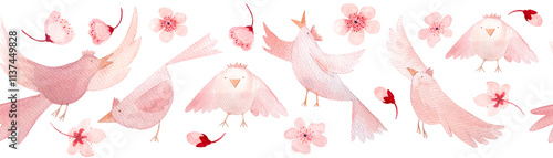 Fotografija Sakura flowers and birds in different poses, hand painted watercolor seamless border isolated on white