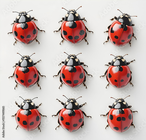 group of ladybugs, all different sizes and colors, on a white background