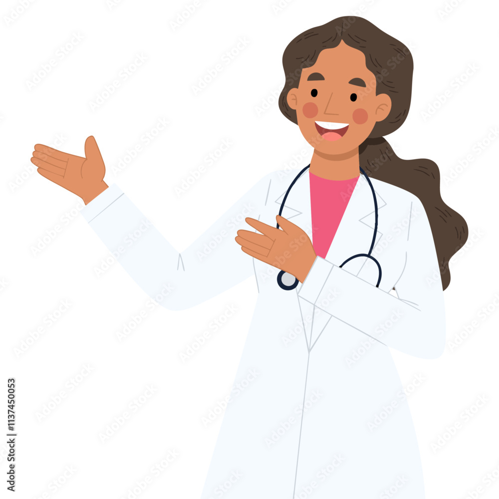 Illustration of a female doctor giving a presentation gesture Illustration of a female doctor giving a presentation gesture