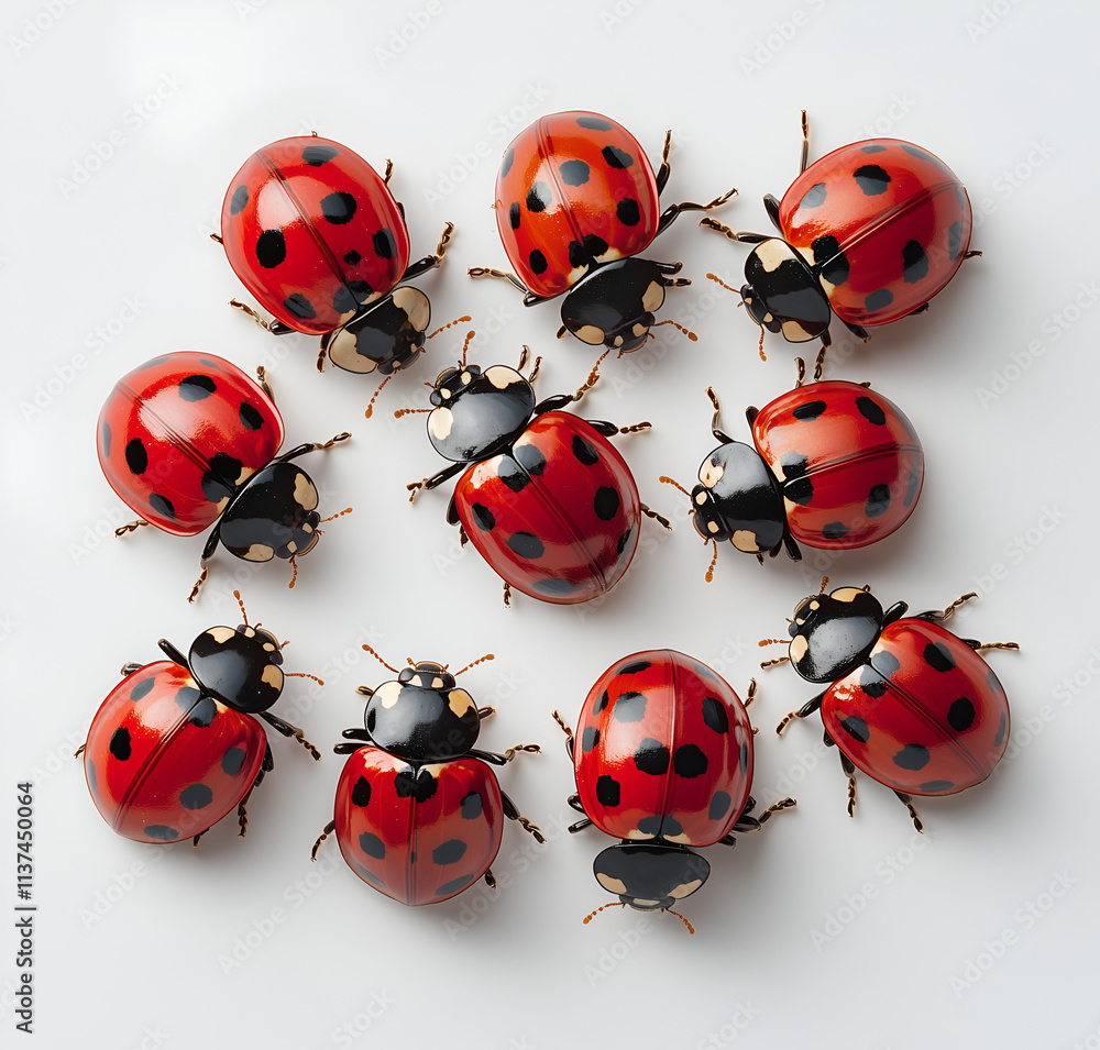 Fototapeta premium group of ladybugs, all different sizes and colors, on a white background