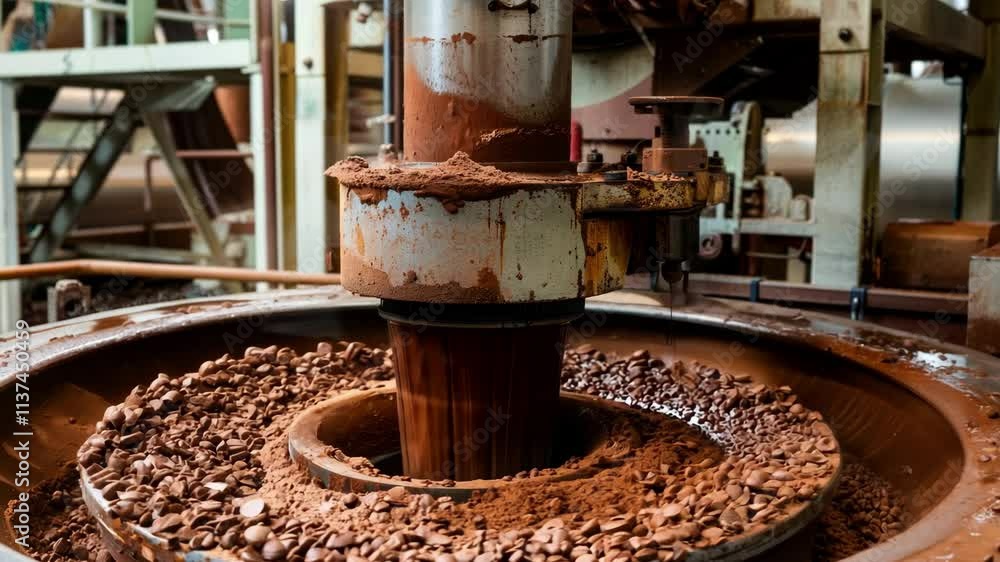 Industrial chocolate processing machine grinding cocoa beans for production AI Industrial chocolate processing machine grinding cocoa beans for production AI