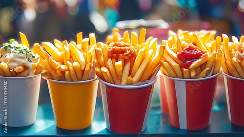 Delicious French Fries with Various Dips at a Food Market photo