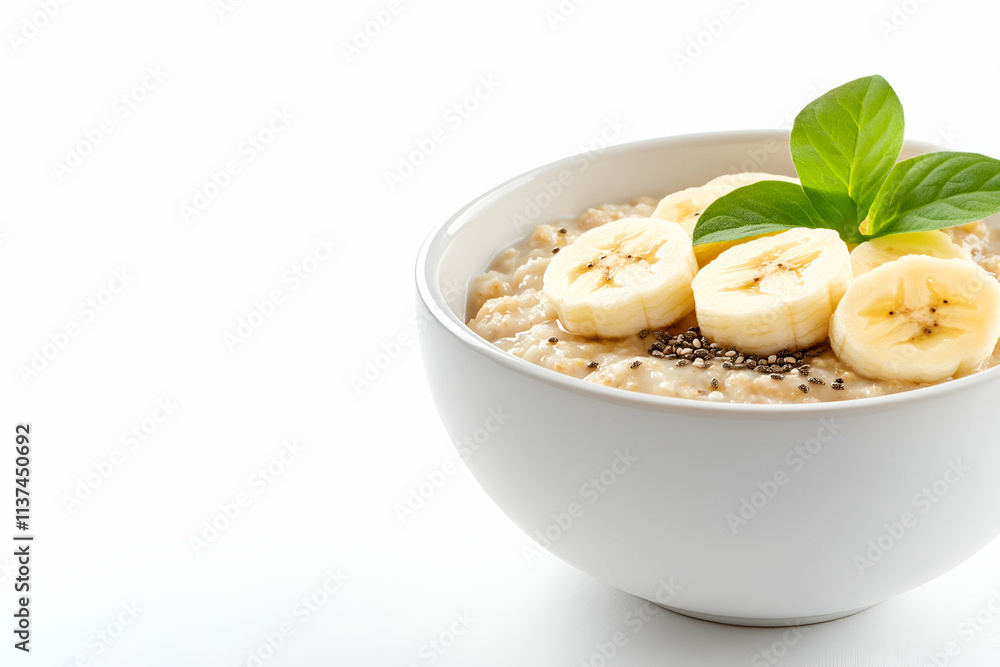Delicious oatmeal topped with banana slices and fresh mint leaves in a clean bowl. Delicious oatmeal topped with banana slices and fresh mint leaves in a clean bowl.