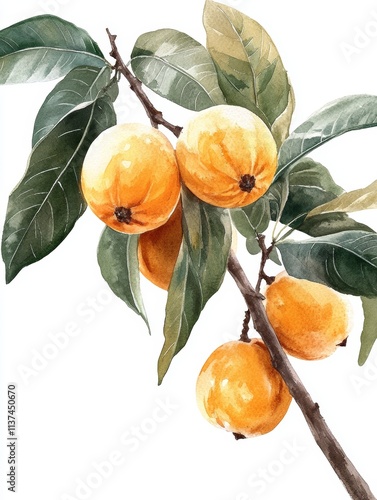 Watercolor illustration of Loquat fruit in multiple views, perfect for food, health, and wellness designs Generative AI photo