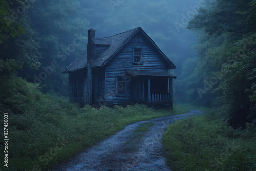 Foggy, eerie, abandoned cabin in the woods.