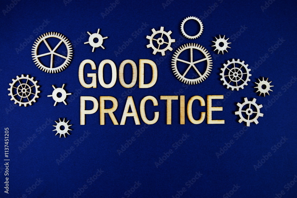 Naklejka premium Good Practice alphabet letters with gears element on navy blue background