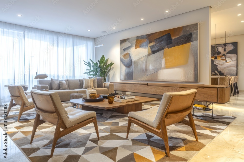 Neutral-toned living room with geometric rug, light wood furniture, and a large painting. Neutral-toned living room with geometric rug, light wood furniture, and a large painting.