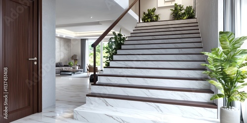 Chic staircase with marble steps, dark wood handrails, and large window bringing in natural light.