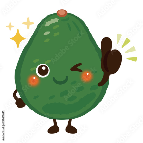 グッドサインを出す緑色のアボカドのキャラクターイラスト