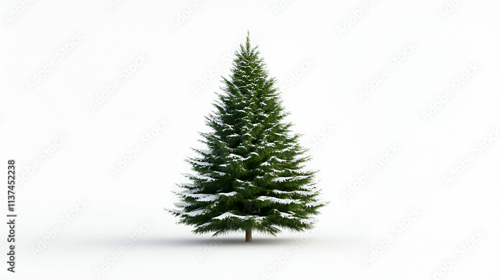 A snow-covered evergreen tree with lush green needles against a white background. A snow-covered evergreen tree with lush green needles against a white background.