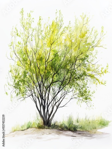 White Willow Tree Section View in Monochromatic Architectural Watercolor Illustration Generative AI