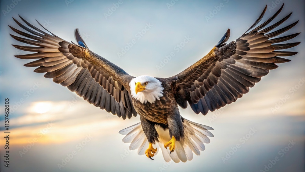 Obraz premium Majestic Bald Eagle in Flight: Stunning Isolated Landscape Photography of Haliaeetus Leucocephalus against White Background, Perfect for Nature Lovers