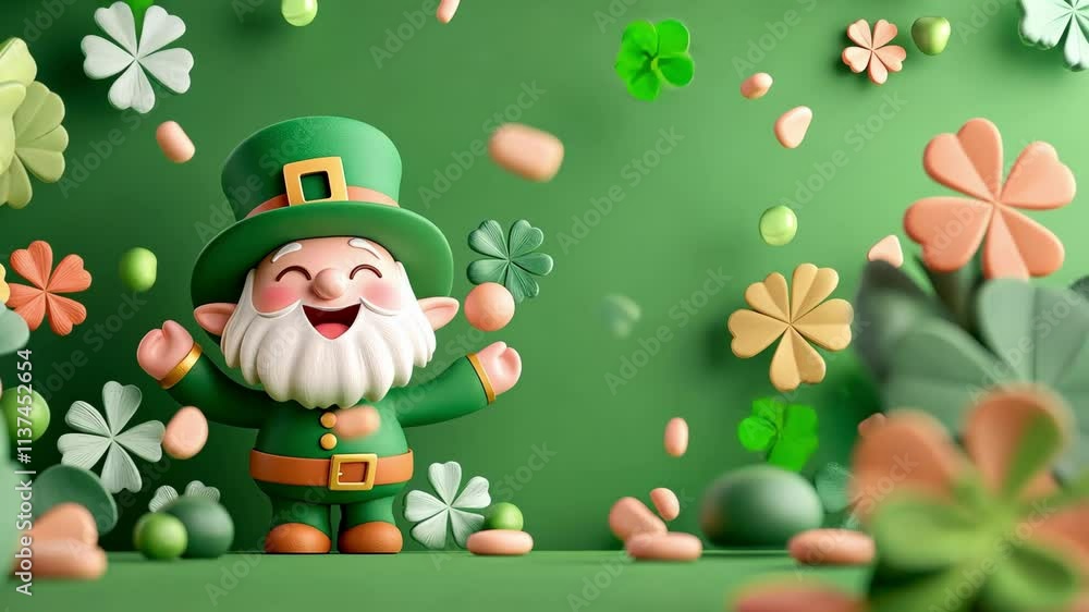 Cheerful cartoon leprechaun in green hat surrounded by falling clovers and coins. Happy St. Patrick's Day. Saint Patrick Cheerful cartoon leprechaun in green hat surrounded by falling clovers and coins. Happy St. Patrick's Day. Saint Patrick