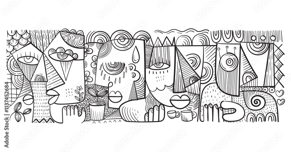 Obraz premium abstract hand drawing face portrait geometric decorative doodle outlines vector illustration. Line art black and white aesthetic design for wall art, prints, cards, decoration, banner and background.