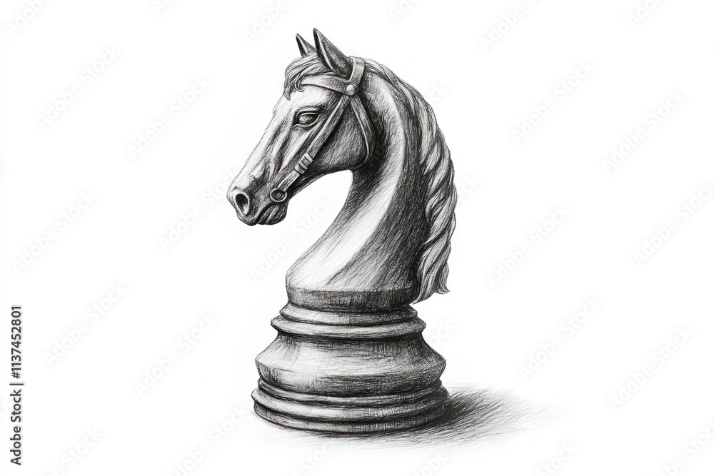 Graphite pencil sketch of a chess knight's head, detailed and realistic, isolated on white background. Graphite pencil sketch of a chess knight's head, detailed and realistic, isolated on white background.