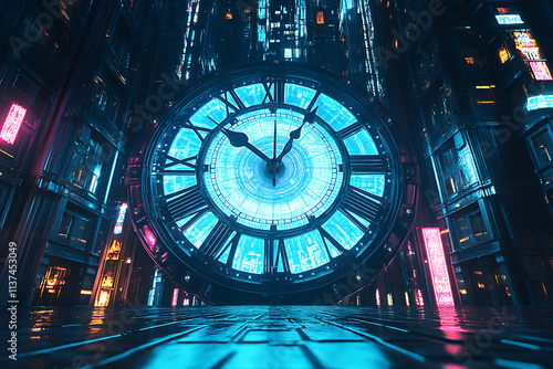 A futuristic clock in a neon-lit urban environment, showcasing time and technology. photo