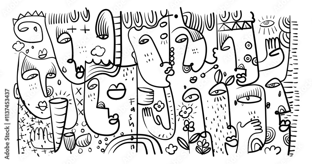 abstract hand drawing face portrait geometric decorative doodle outlines vector illustration. Line art black and white aesthetic design for wall art, prints, cards, decoration, banner and background. abstract hand drawing face portrait geometric decorative doodle outlines vector illustration. Line art black and white aesthetic design for wall art, prints, cards, decoration, banner and background.