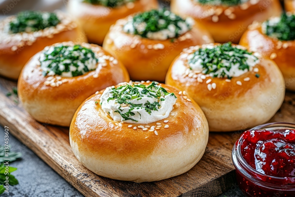 Delicious Bagels with Various Toppings on Wooden Board Delicious Bagels with Various Toppings on Wooden Board