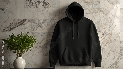 Black blank premium hoodie mockup with stone background. green aesthetic design . Premium collection of hoodie, store premiew  photo