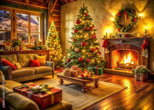 Cozy Christmas Living Room: Warm Holiday Decor Tilt-Shift Photo