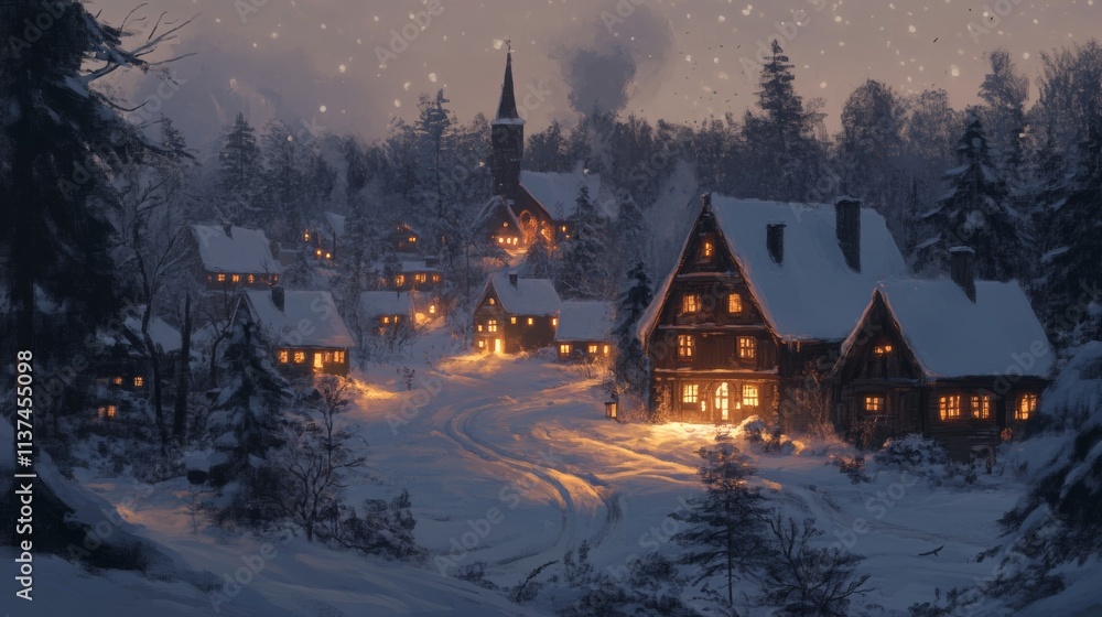 Serene Snow-Covered Village at Night with Soft Window Glow Generative AI Serene Snow-Covered Village at Night with Soft Window Glow Generative AI