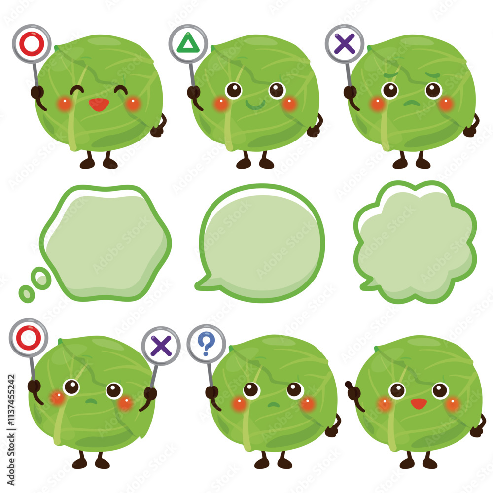 ○×△の札を持ったキャベツのキャラクター ○×△の札を持ったキャベツのキャラクター