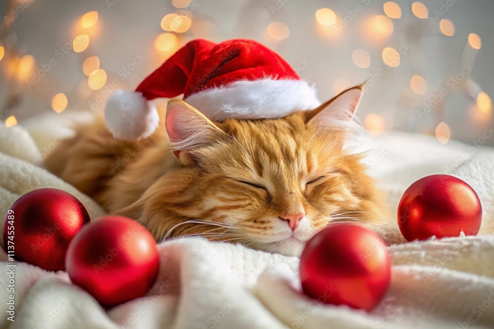 Obraz premium Cozy Red Fluffy Cat in Santa Hat Sleeping on White Bed Surrounded by Red Christmas Balls for Festive Holiday Vibes and Vintage Style Photography