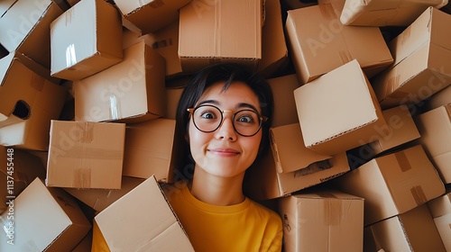 A Young Woman Surrounded by Cardboard Boxes, a Playful and Whimsical Scene