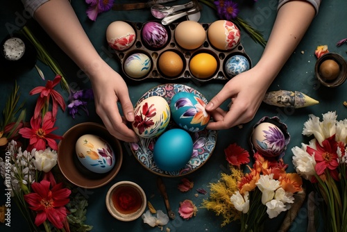 This image showcases an artist's hands delicately decorating Easter eggs with vibrant dyes and detailed patterns, surrounded by crafting tools and materials. photo